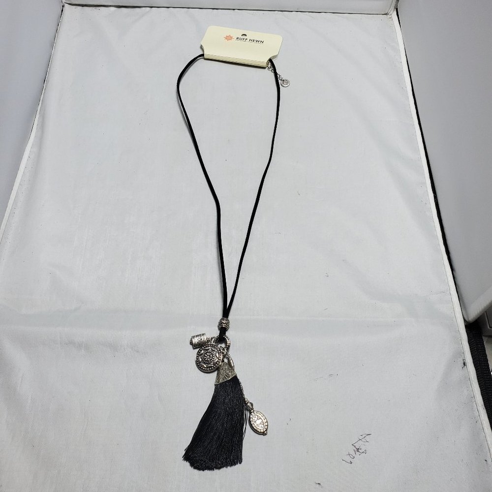 Ruff Hewn rope cord necklace with silver charms and black tassel